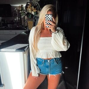 Beige Smocked Long Sleeve Crop Top